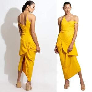 Jacquemus La Bomba Sol Ruffled Canvas Yellow Draped Asymmetric Midi Dress Sz 38